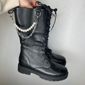 Dream Pairs Womens Black Combat Boots Pearl Chain Lace Side Zip Size 4 Lug Sole